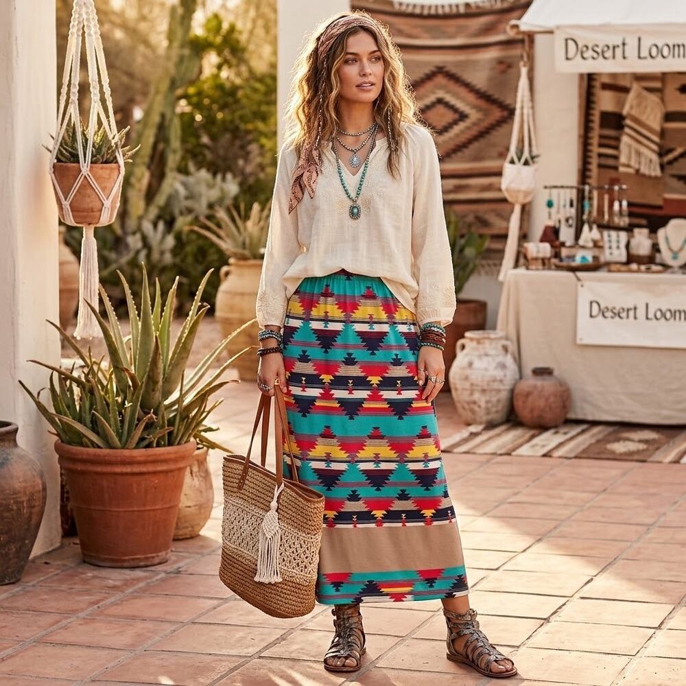 Vintage Stretchy Tribal Skirt Elastic Waist Pleated Aztec Multicolor Size Small
